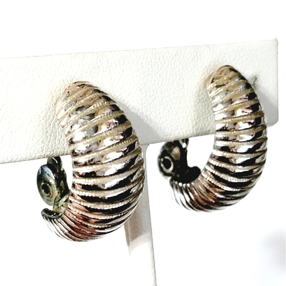 Vintage Signed Monet Ribbed Crescent Hoop Clip-on Earrings. Silver-tone